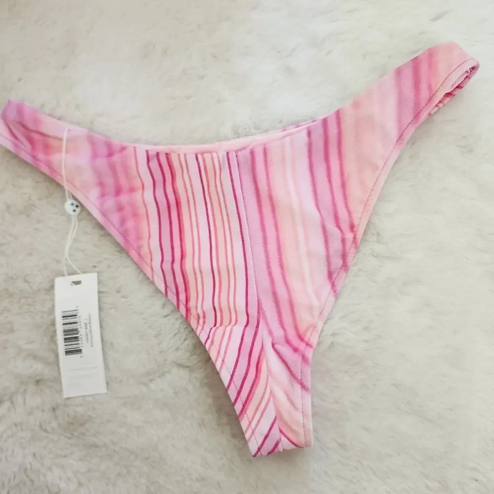 Frankie’s Bikinis Katarina Pink Solar Stripe Velvet High Leg Bikini Bottoms L